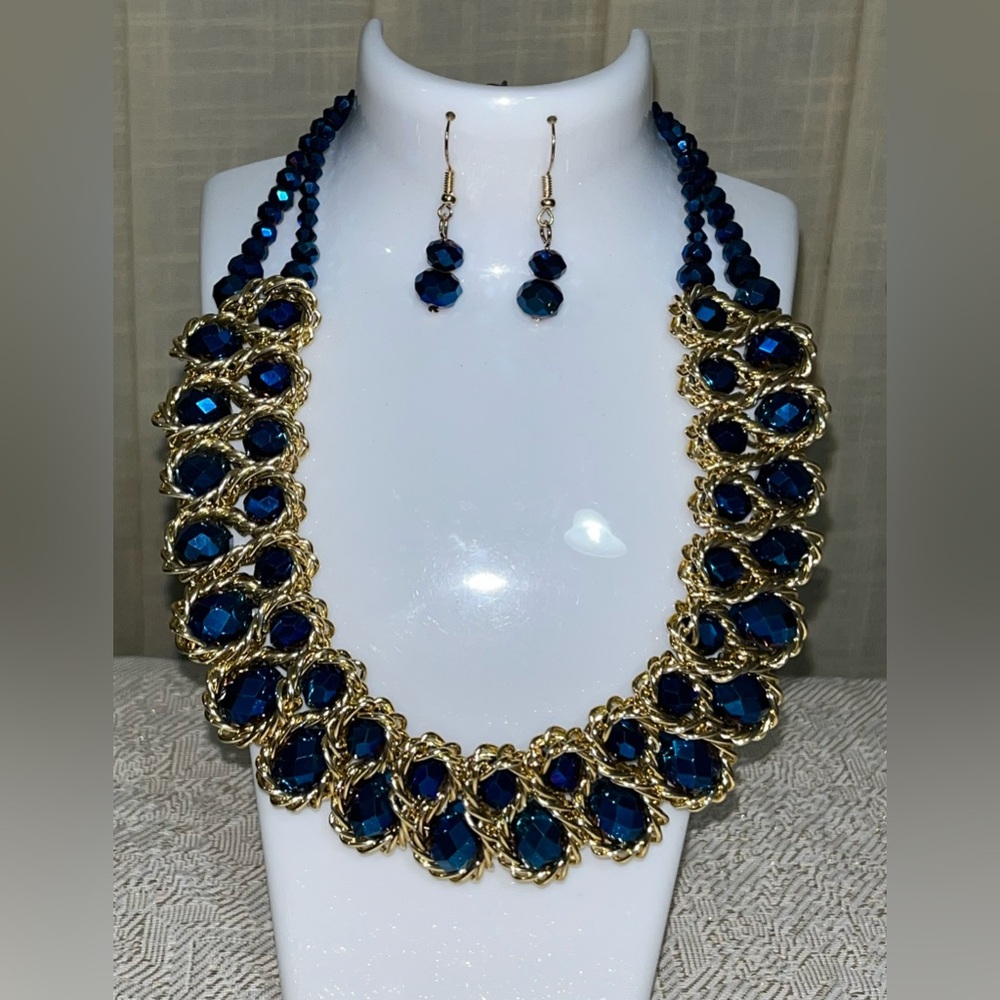 Elegant Blue and Gold Faceted Necklace and Earring Set NEW!